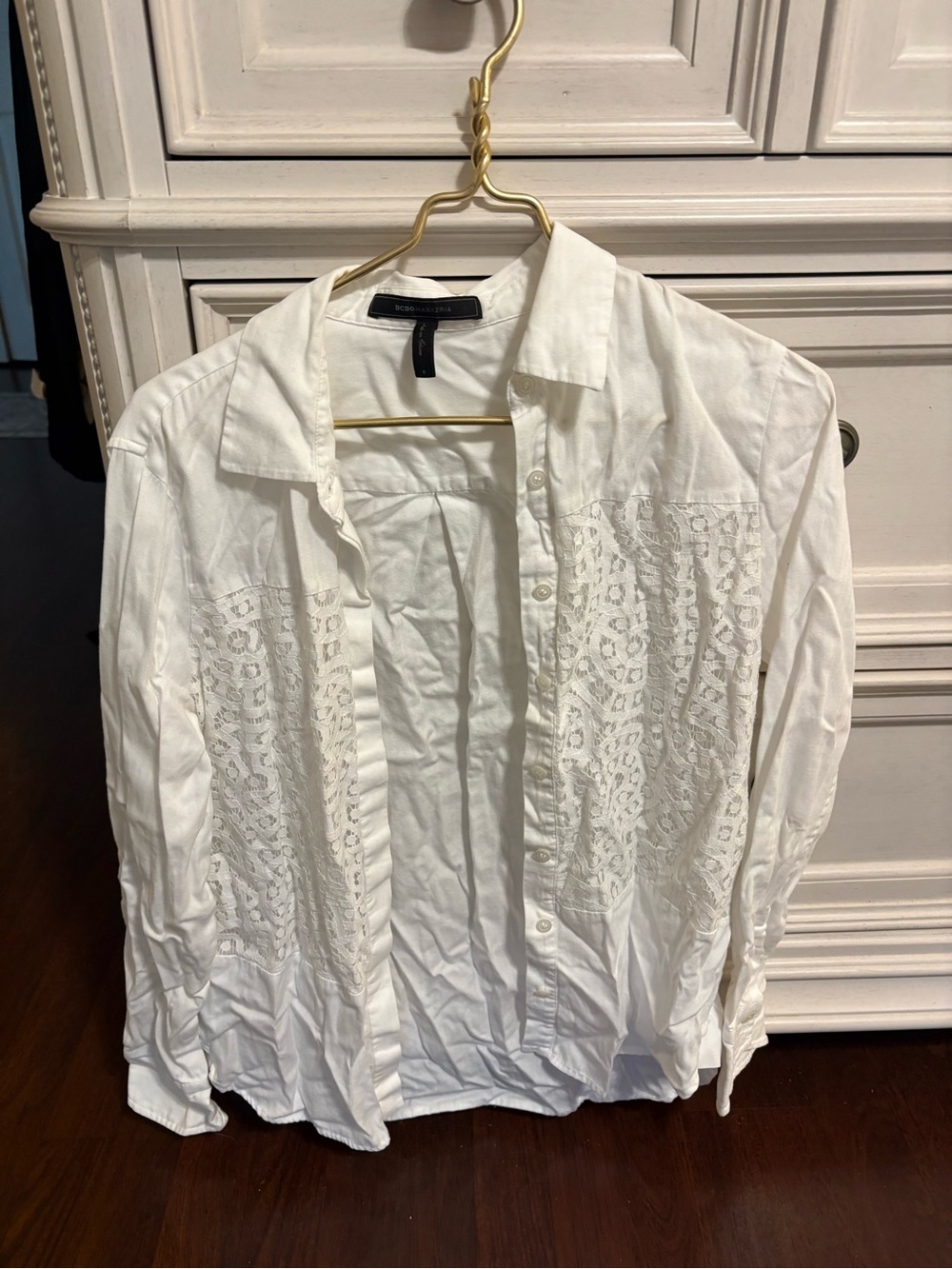 BCBGMaxAzria White Lace-Panel Button Front Shirt